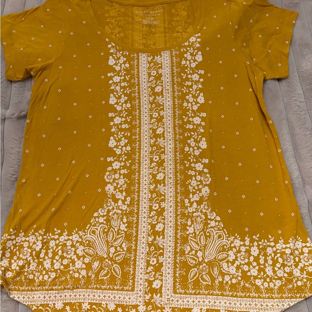 Lucky Brand Mustard Yellow Floral Scoop Neck Tee